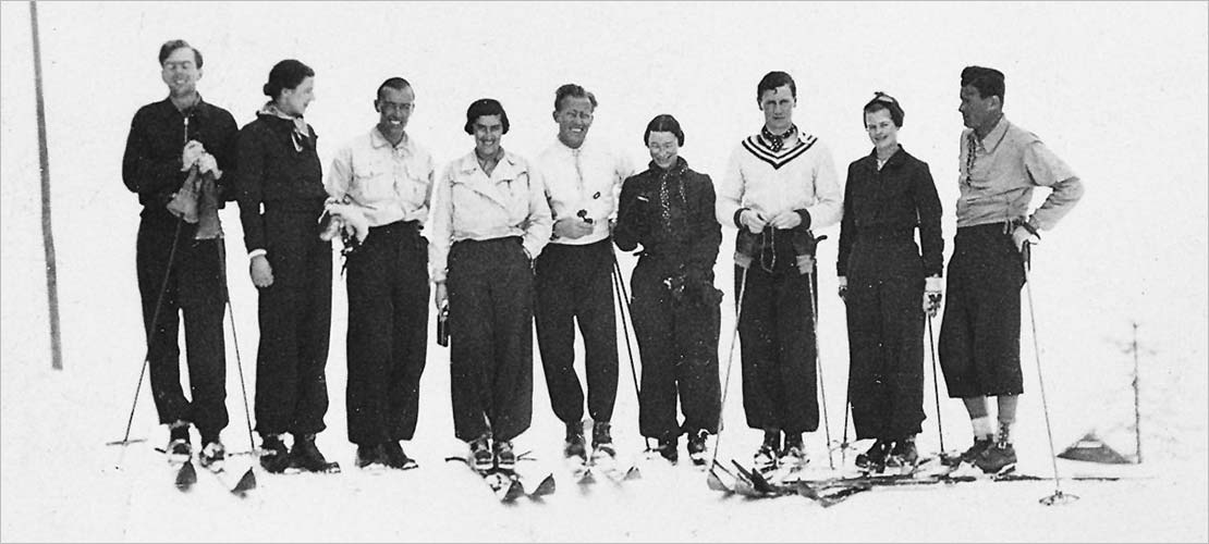 Erna Low and friends skiing in the 1940's